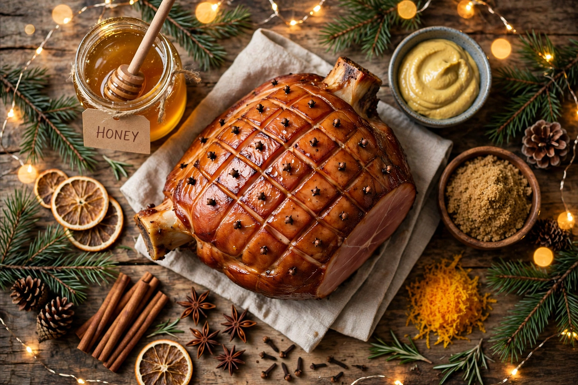 Ingrédients de la recette jambon de noël au miel : jambon cuit, miel, clous de girofle et épices