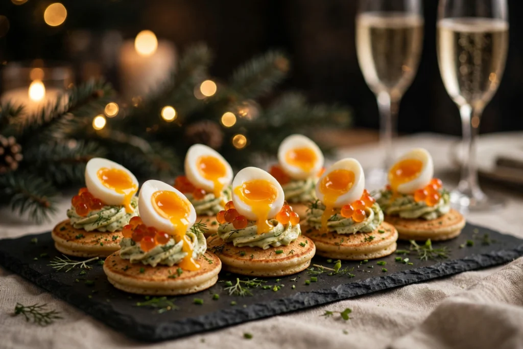 La recette oeuf de caille pour apéritif noël : blinis aux œufs de caille mollets, crème aux herbes et œufs de saumon