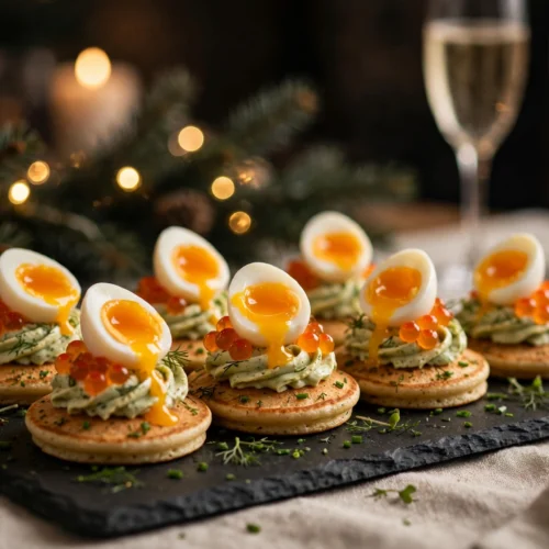 La recette oeuf de caille pour apéritif noël : blinis aux œufs de caille mollets, crème aux herbes et œufs de saumon