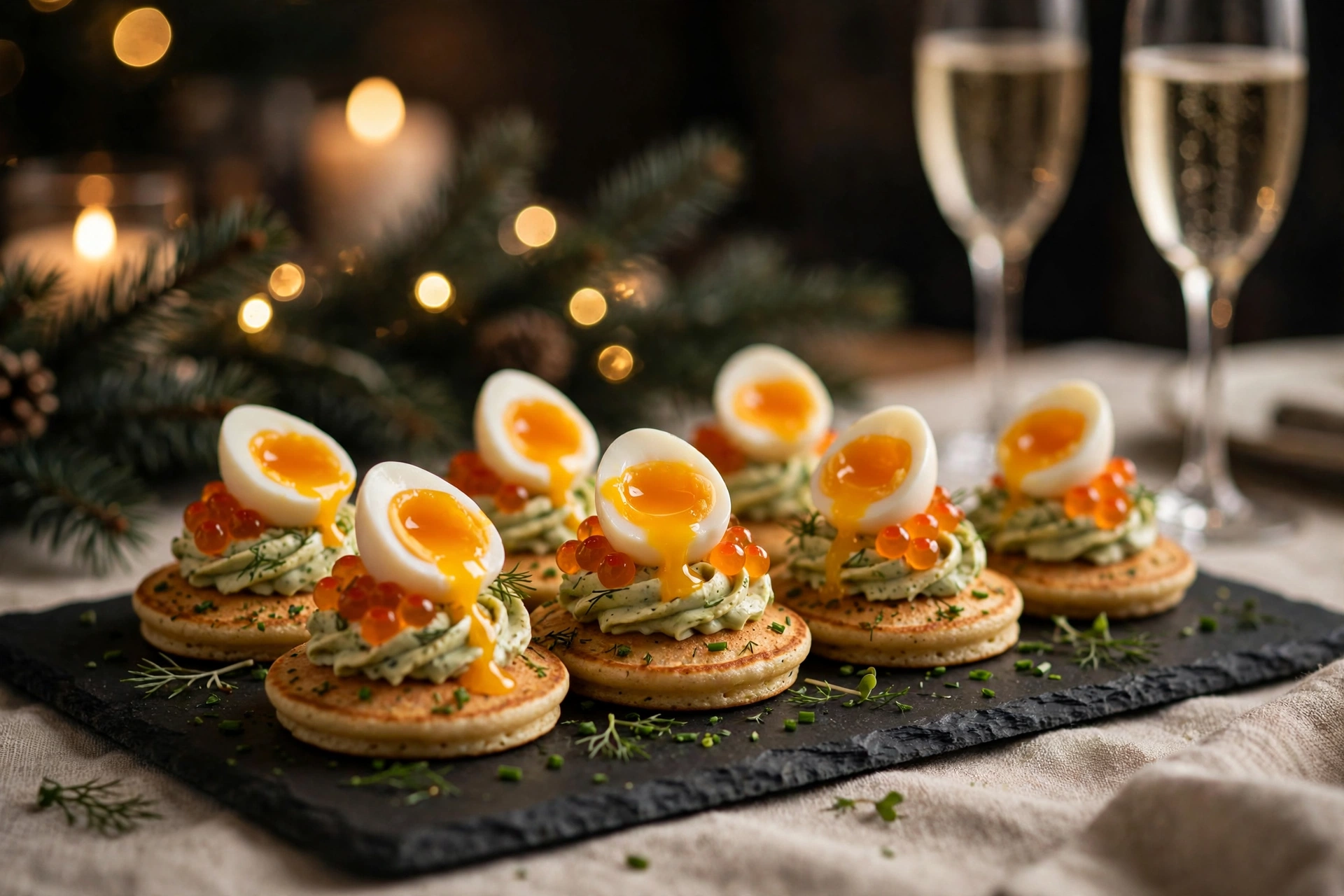 La recette oeuf de caille pour apéritif noël : blinis aux œufs de caille mollets, crème aux herbes et œufs de saumon