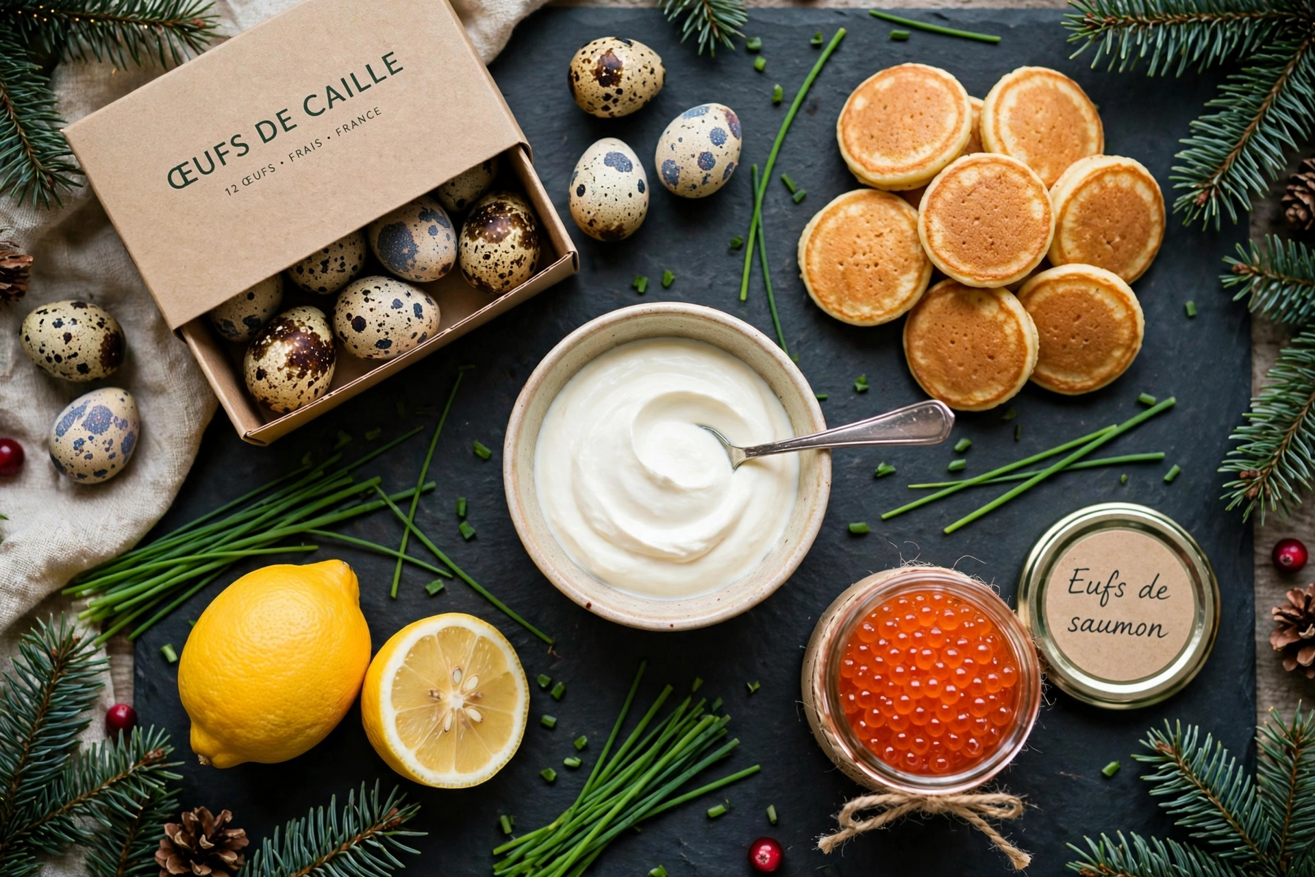 Ingrédients de la recette oeuf de caille pour apéritif noël : œufs de caille, blinis, crème, ciboulette et œufs de saumon