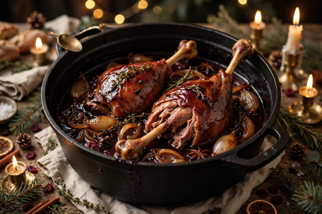 Recette oie noël en sauce : cuisses d'oie mijotées au vin rouge et oignons confits en cocotte