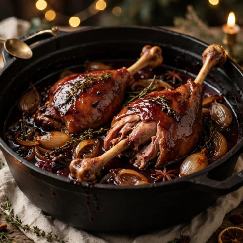 Recette oie noël en sauce : cuisses d'oie mijotées au vin rouge et oignons confits en cocotte