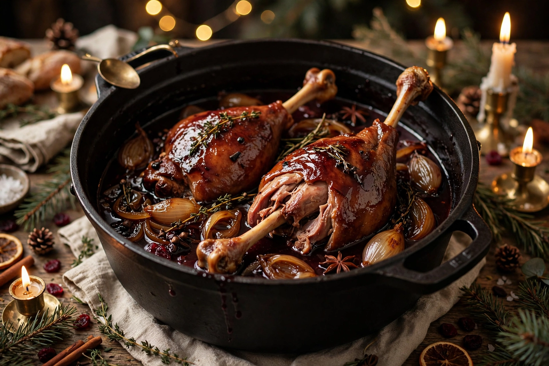 Recette oie noël en sauce : cuisses d'oie mijotées au vin rouge et oignons confits en cocotte