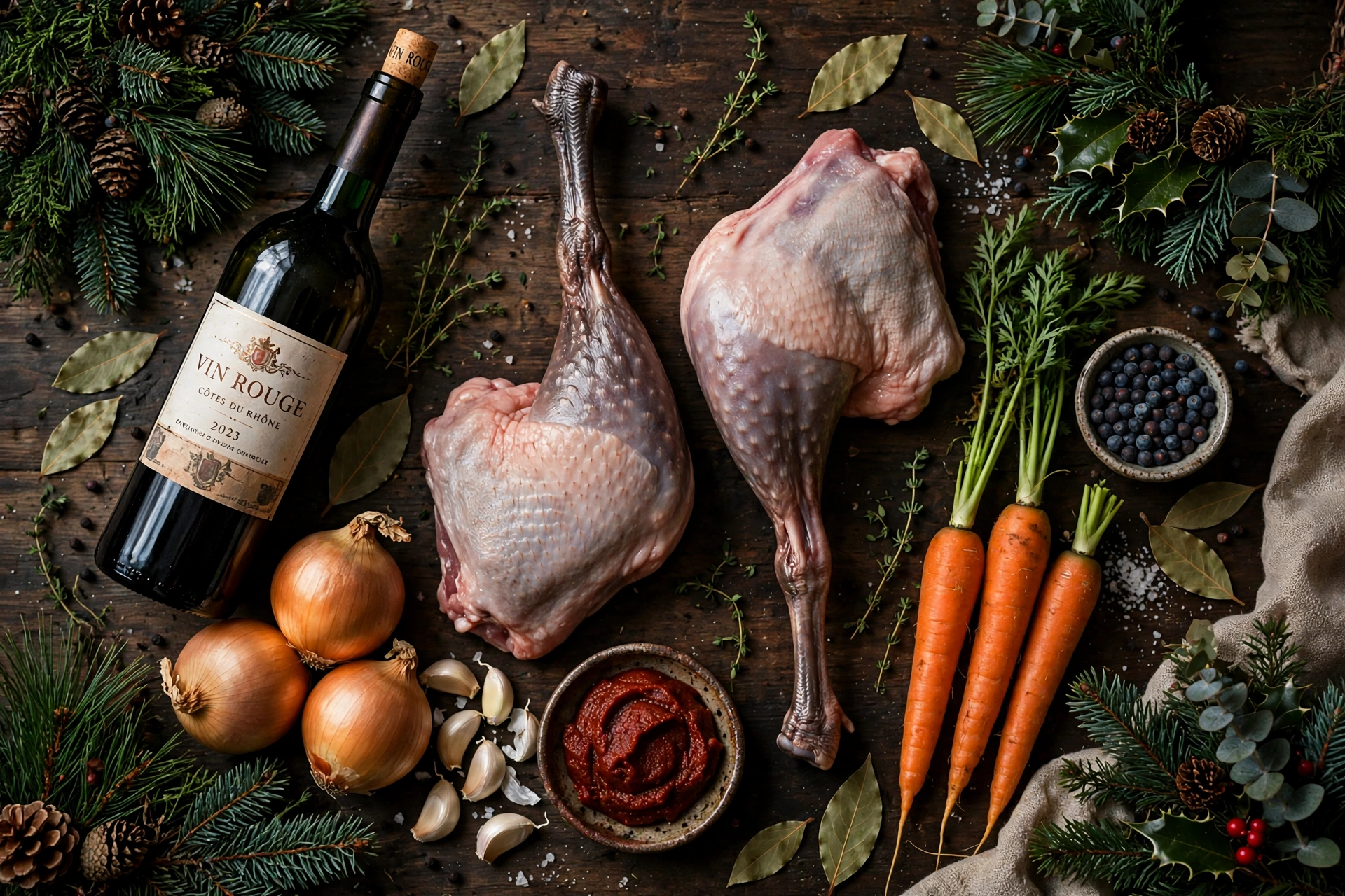 Ingrédients de la recette oie noël en sauce : cuisses d'oie, vin rouge, oignons et aromates