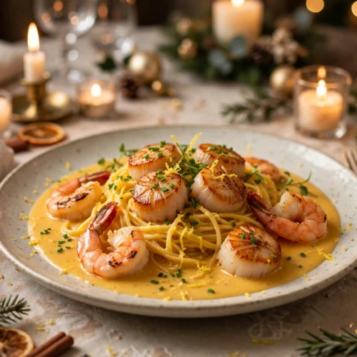 Assiette de la recette pâtes noël : tagliolini, Saint-Jacques et crevettes en bisque crémeuse