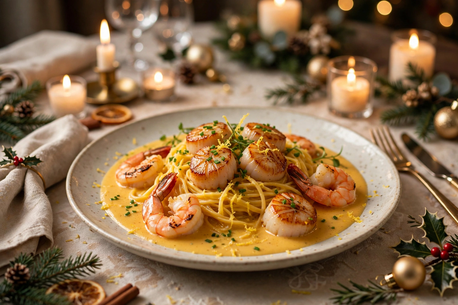 Assiette de la recette pâtes noël : tagliolini, Saint-Jacques et crevettes en bisque crémeuse