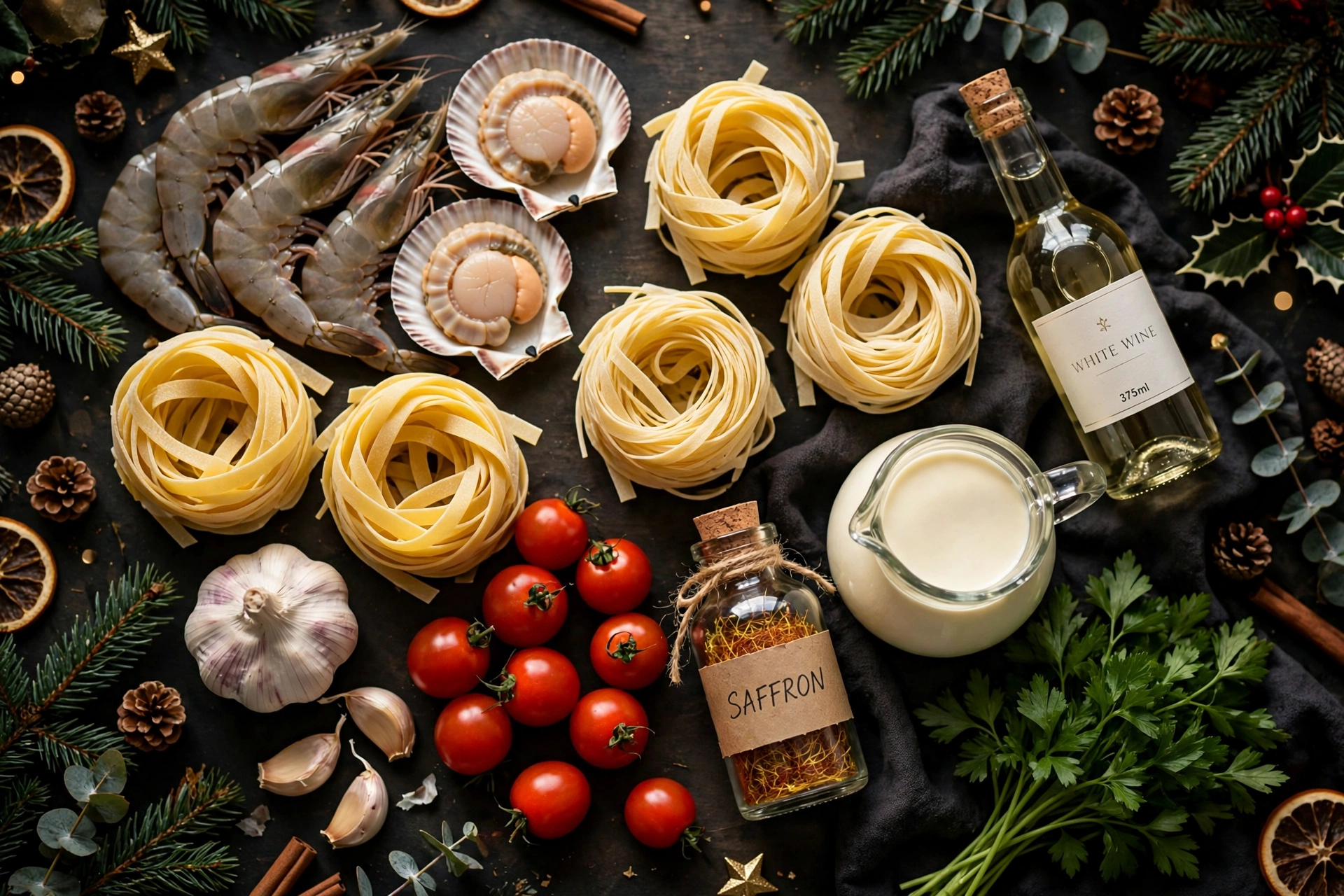 Ingrédients de la recette pâtes noël aux fruits de mer et au safran