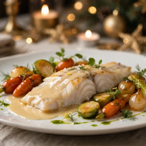 Turbot sauce champagne dressé comme un chef — recette poisson noël chef étoilé