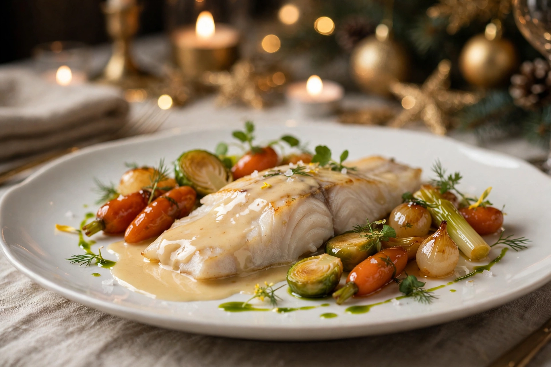 Turbot sauce champagne dressé comme un chef — recette poisson noël chef étoilé