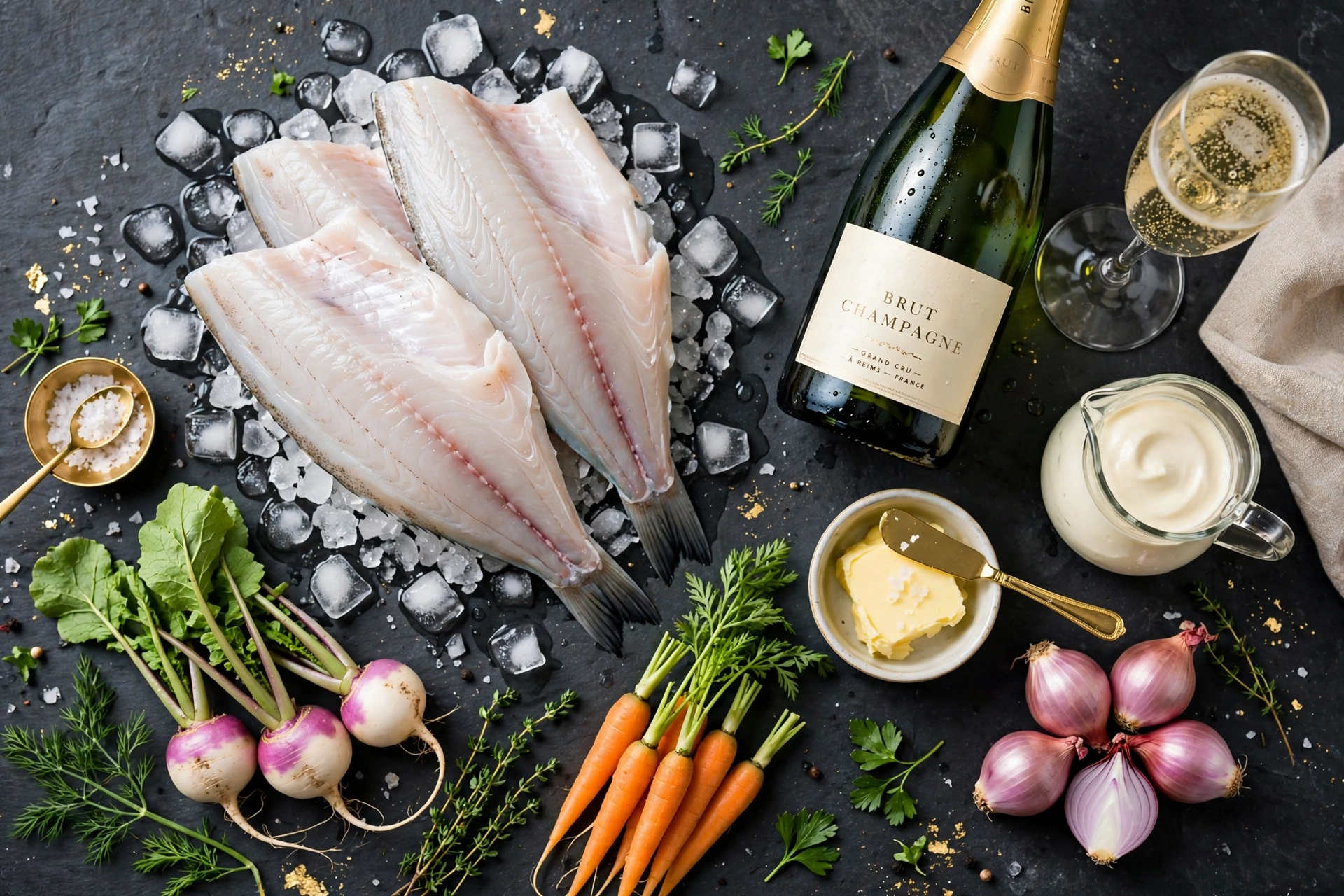 Ingrédients de la recette poisson noël chef étoilé : turbot, champagne et beurre