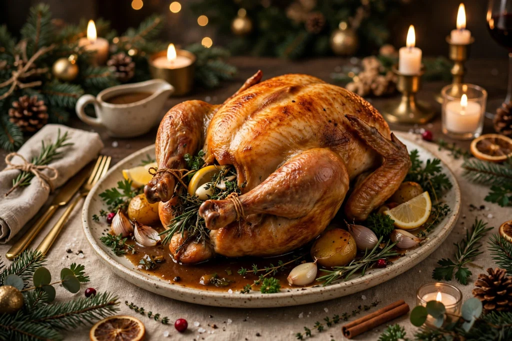 Recette poulet fermier pour noël : poulet rôti doré à la peau croustillante sur la table de fête