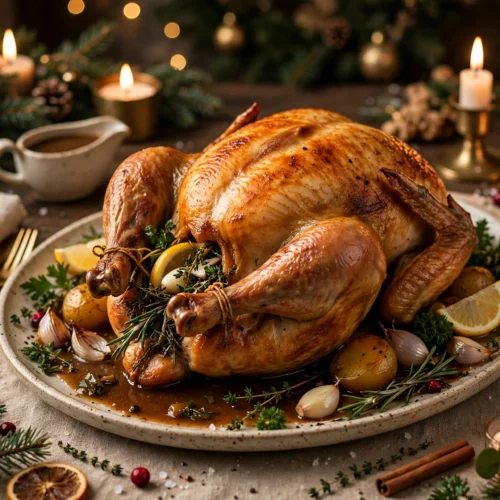 Recette poulet fermier pour noël : poulet rôti doré à la peau croustillante sur la table de fête