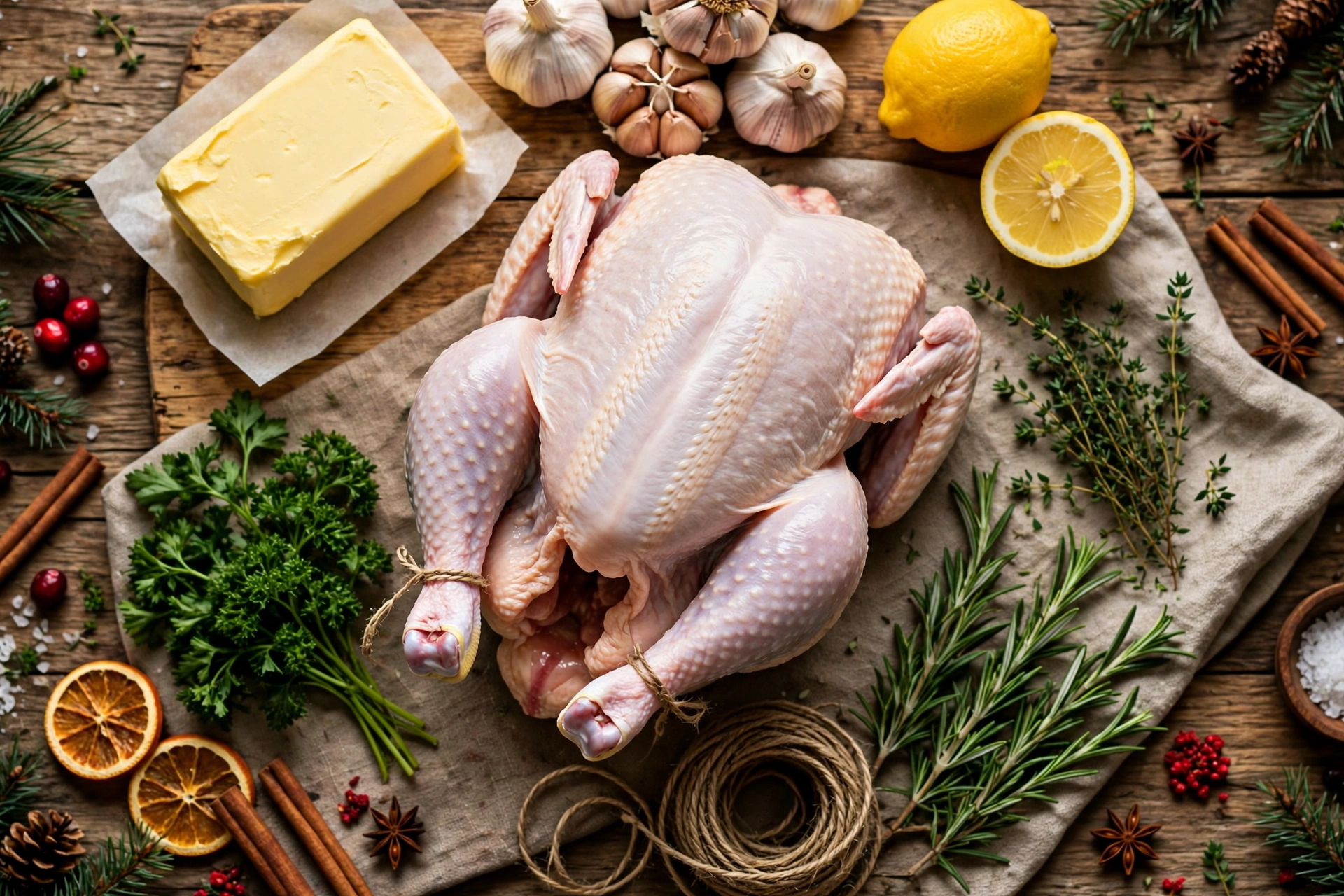 Ingrédients de la recette poulet fermier pour noël : poulet label rouge et herbes fraîches
