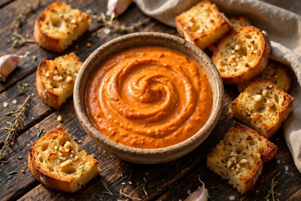 Bol de recette de rouille pour soupe de poisson avec croûtons