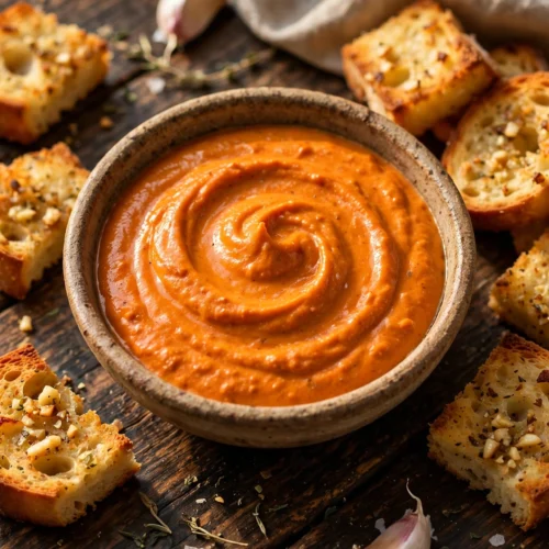 Bol de recette de rouille pour soupe de poisson avec croûtons