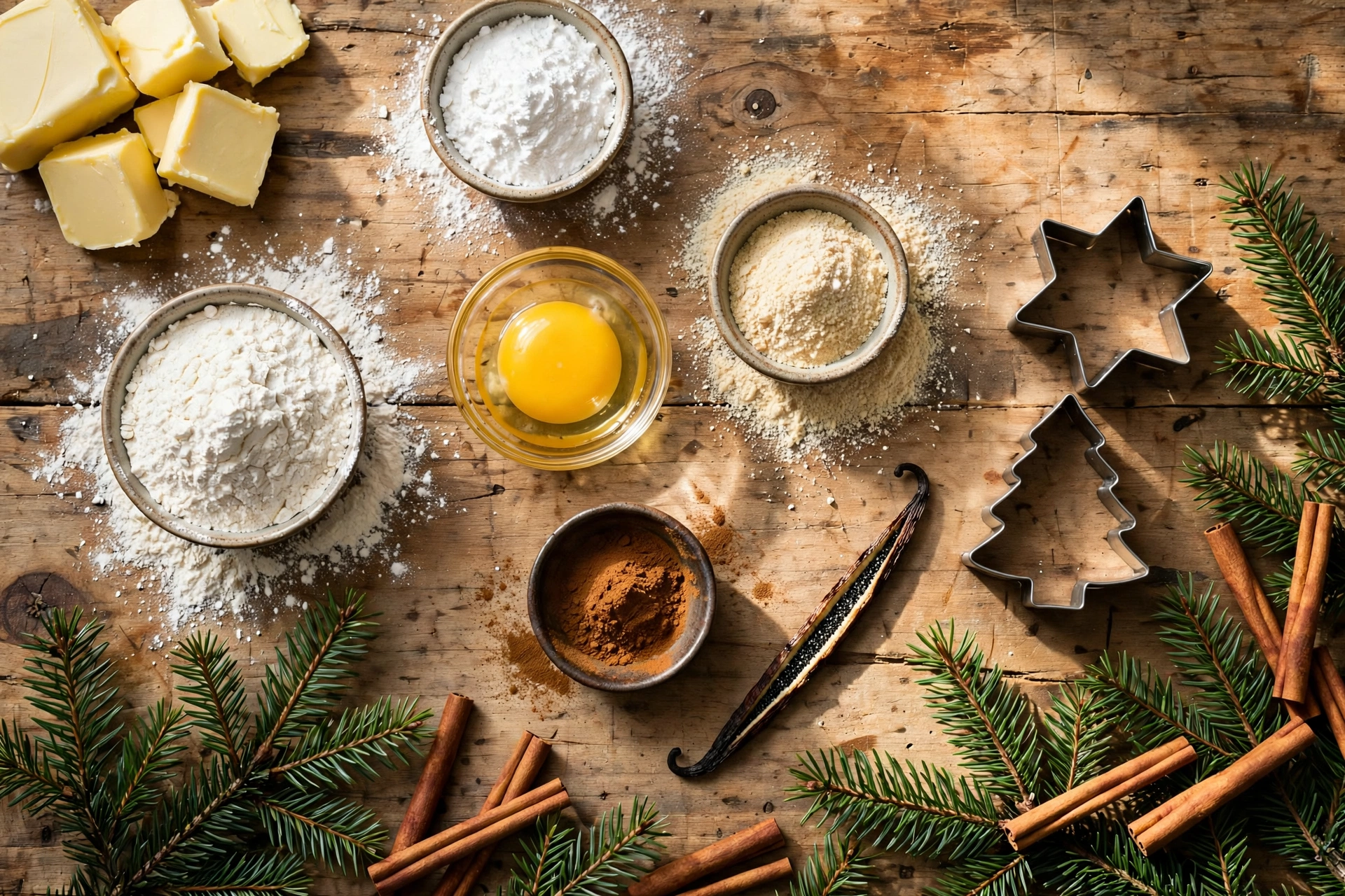 Ingrédients de la recette sablés de noël : beurre, farine, sucre glace et épices