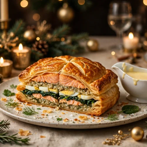 Recette saumon noël : koulibiac doré tranché servi avec sa sauce beurre blanc