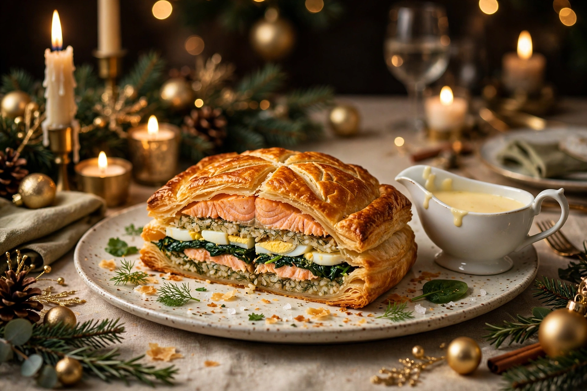 Recette saumon noël : koulibiac doré tranché servi avec sa sauce beurre blanc