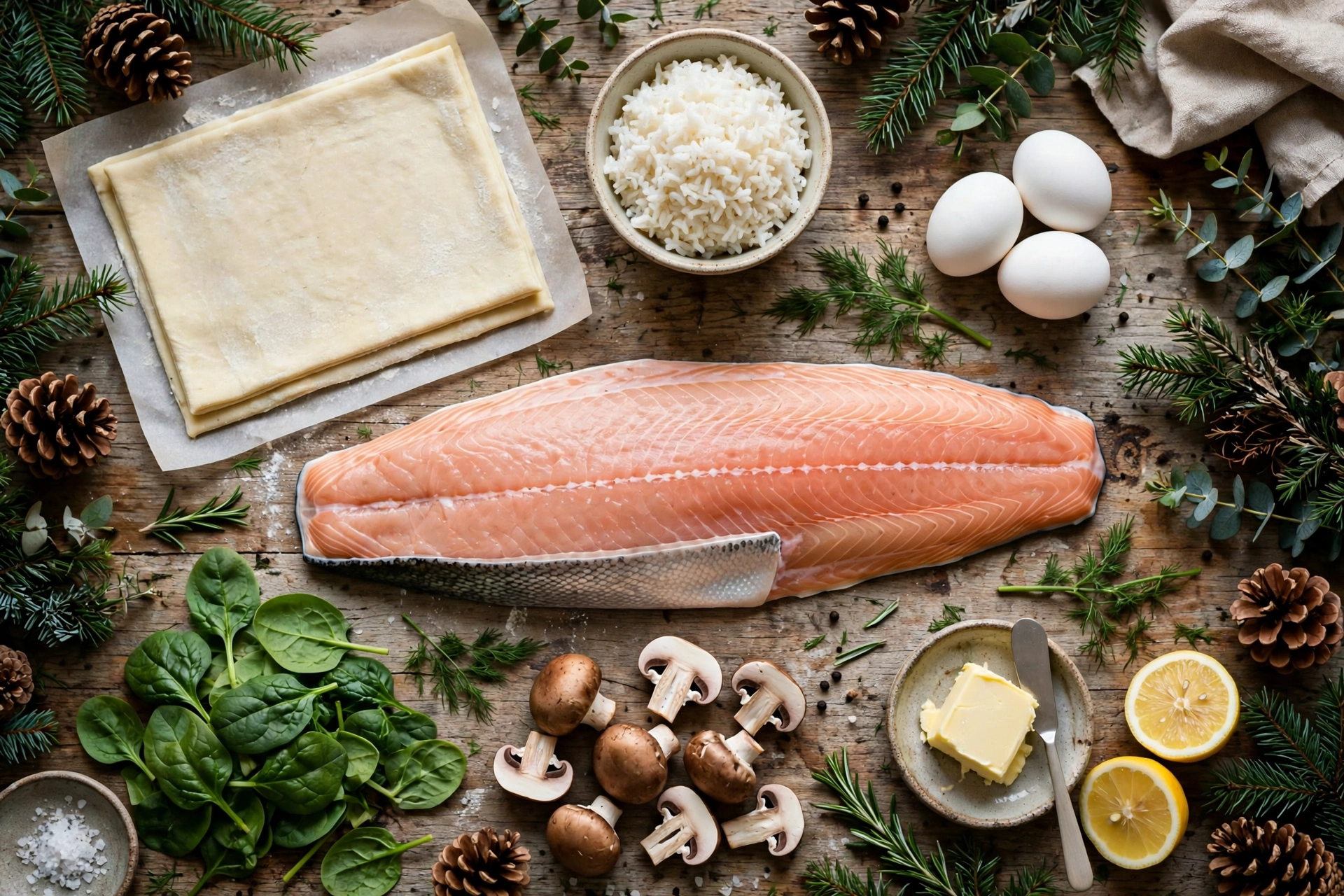 Ingrédients de la recette saumon noël : filet de saumon, pâte feuilletée, riz, œufs et herbes fraîches