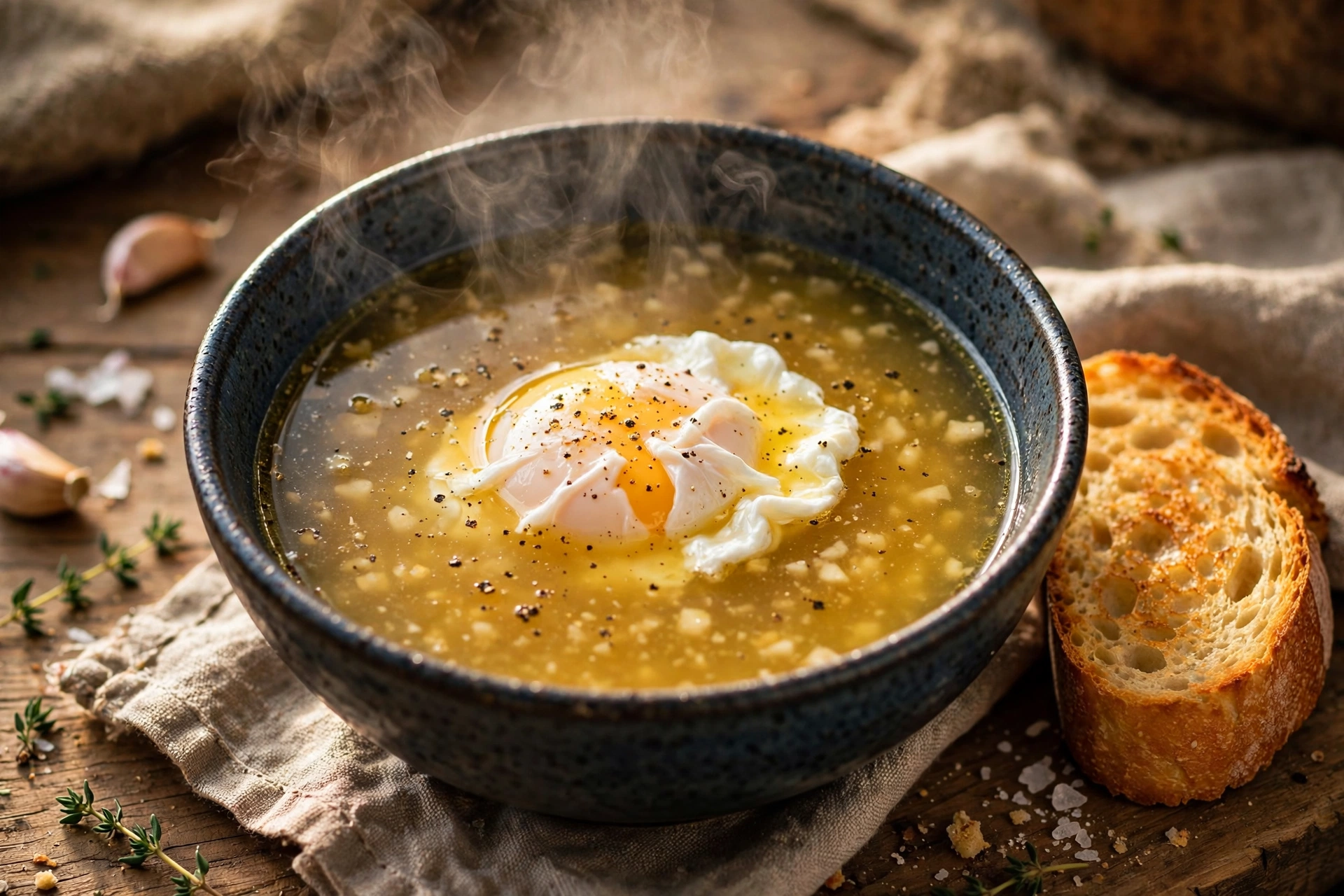 Recette soupe à l'ail : tourin du Sud-Ouest servi en bol rustique