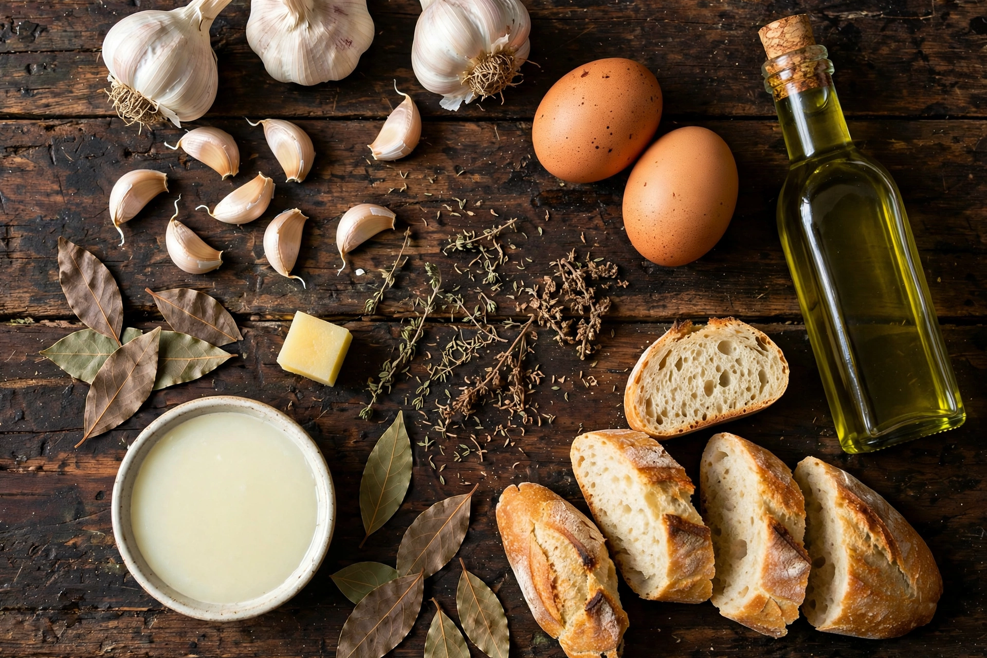 Ingrédients de la recette soupe à l'ail : ail, œufs, pain de campagne et bouillon