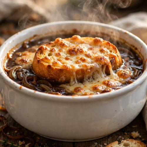 Recette soupe à l'oignon gratinée : bol au fromage doré et filant