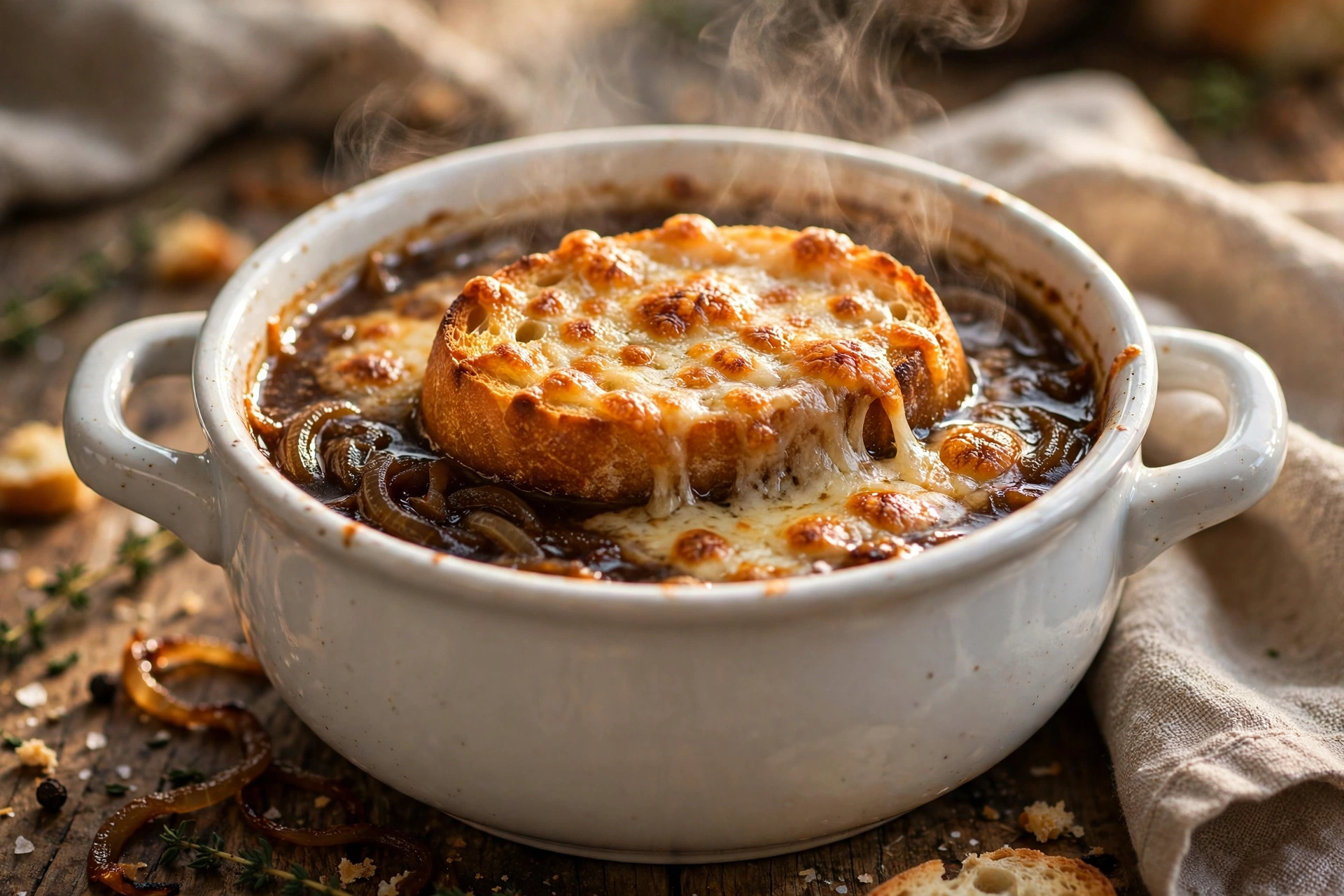 Recette soupe à l'oignon gratinée : bol au fromage doré et filant