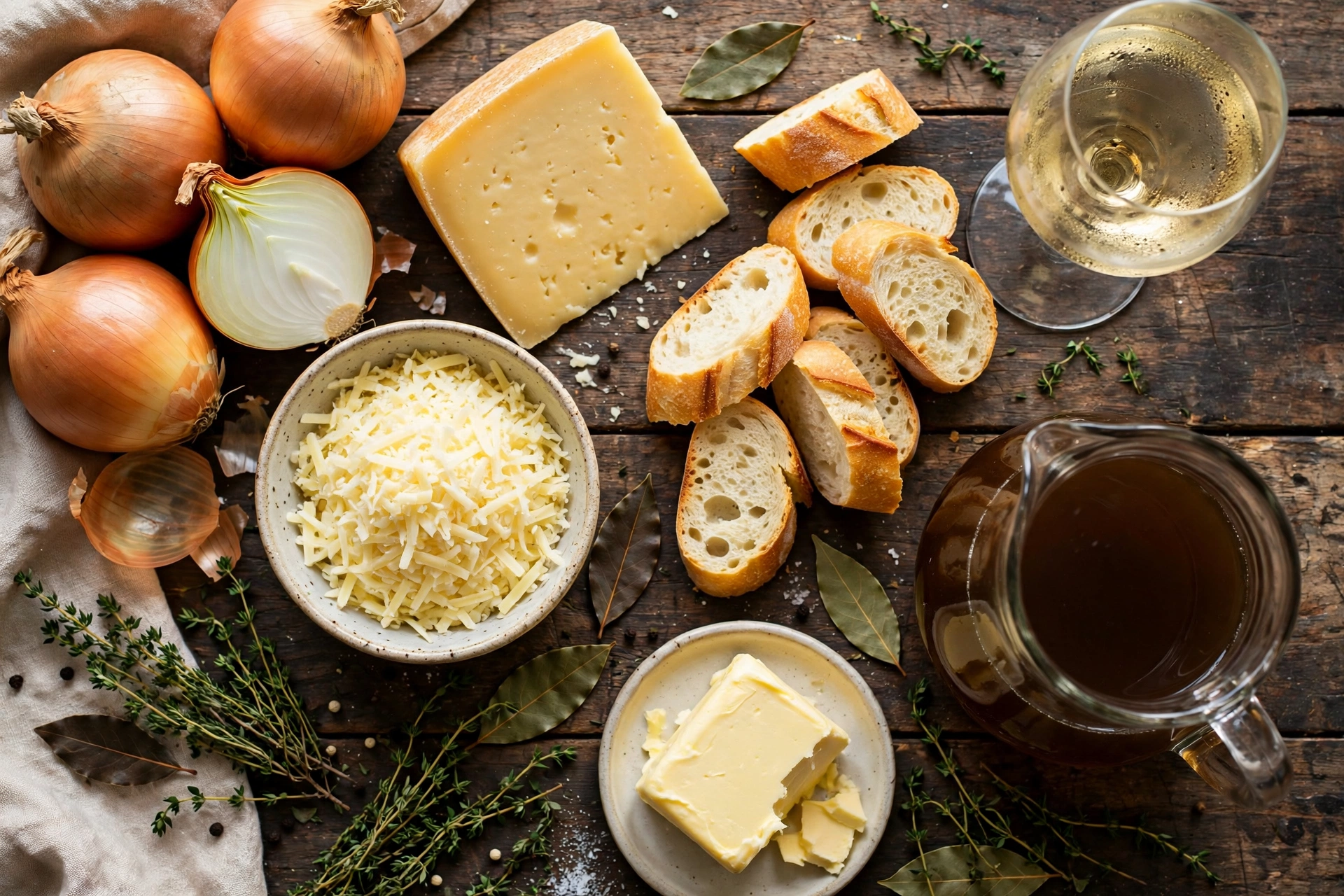 Ingrédients de la recette soupe à l'oignon gratinée : oignons, gruyère, pain et vin blanc