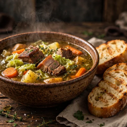 Assiette de recette de soupe au lard paysanne fumée