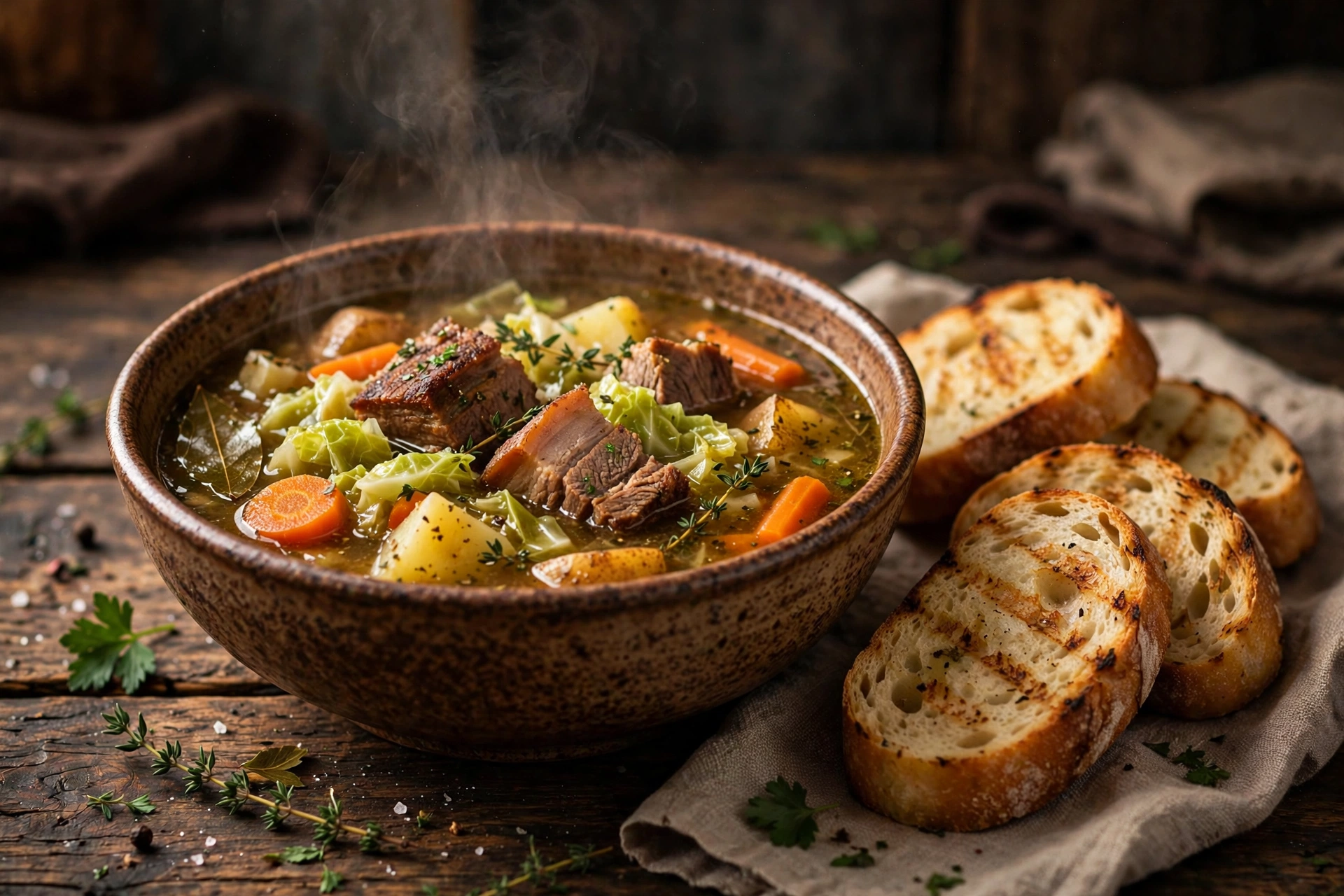 Assiette de recette de soupe au lard paysanne fumée