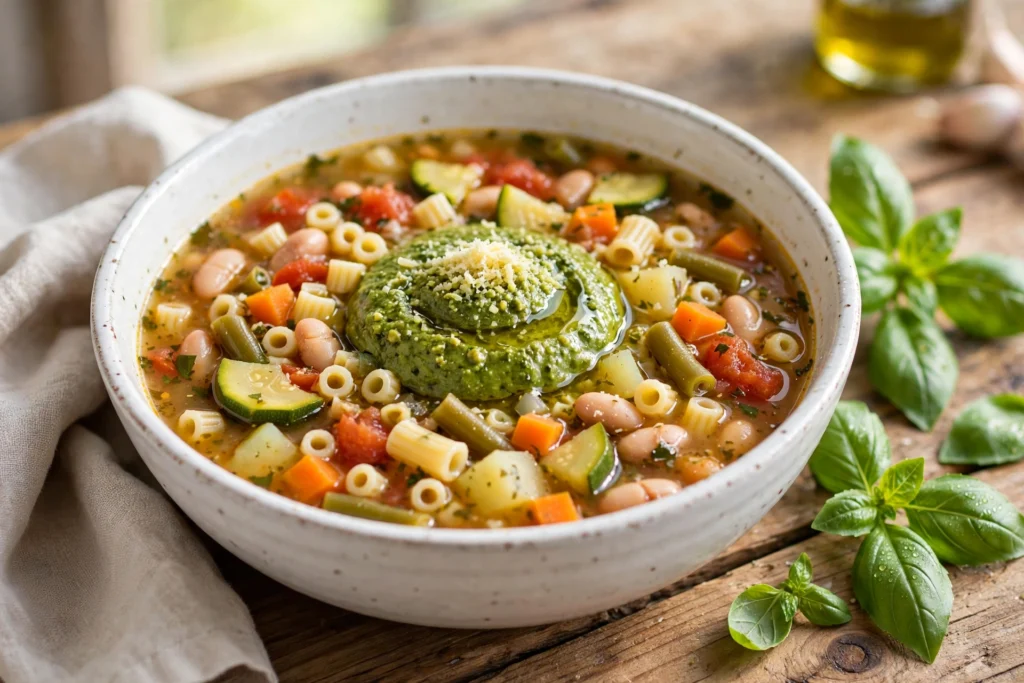 Assiette de la recette de soupe au pistou avec basilic