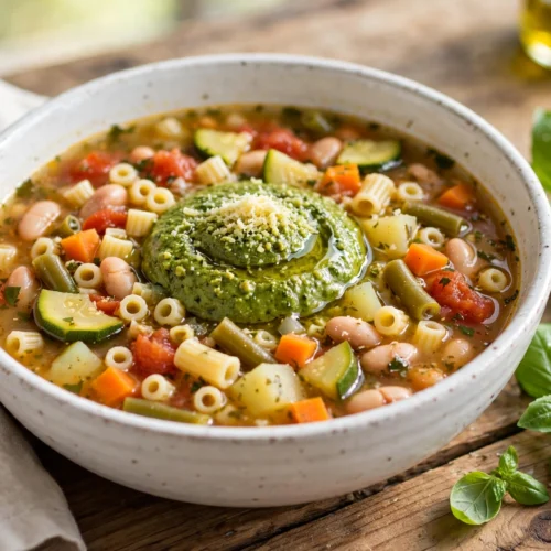 Assiette de la recette de soupe au pistou avec basilic