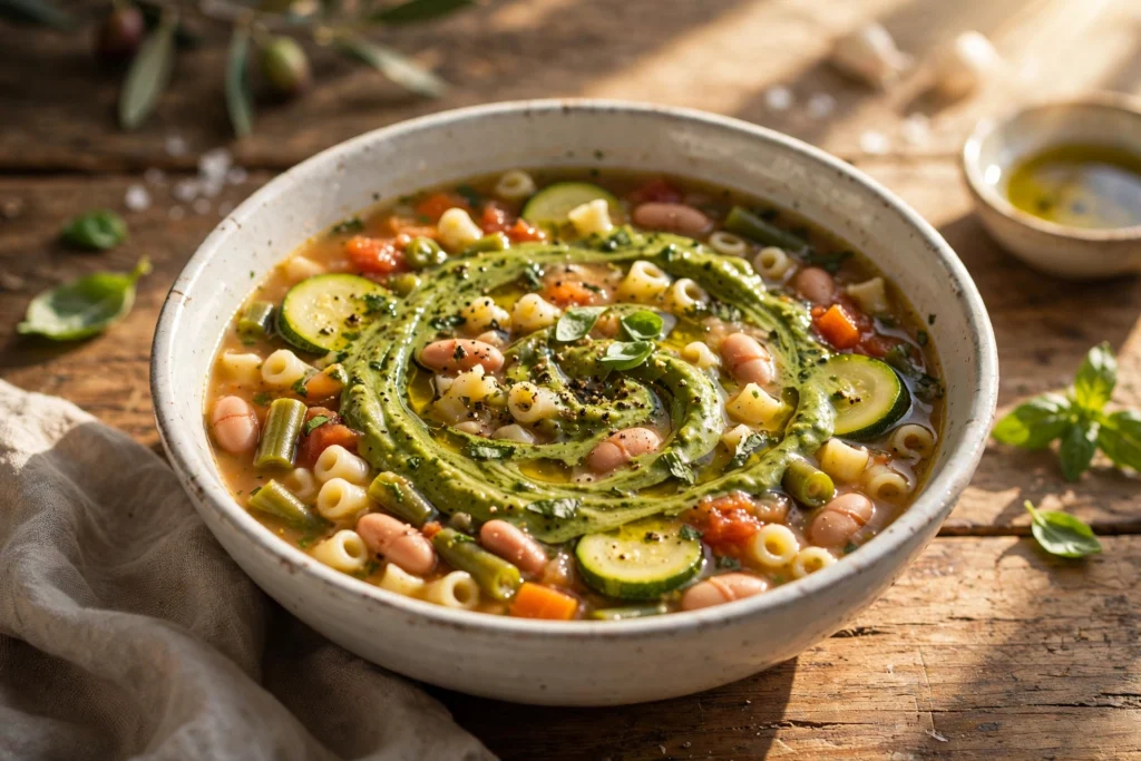 Assiette de la recette de soupe au pistou niçoise au pistou
