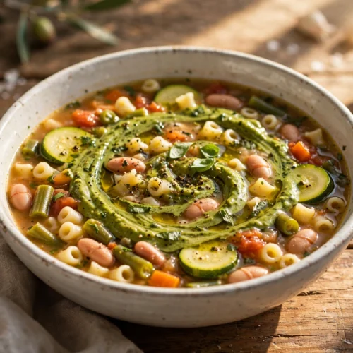 Assiette de la recette de soupe au pistou niçoise au pistou