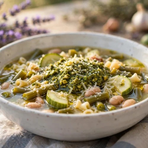 Recette de soupe au pistou provençale servie avec son pistou de basilic