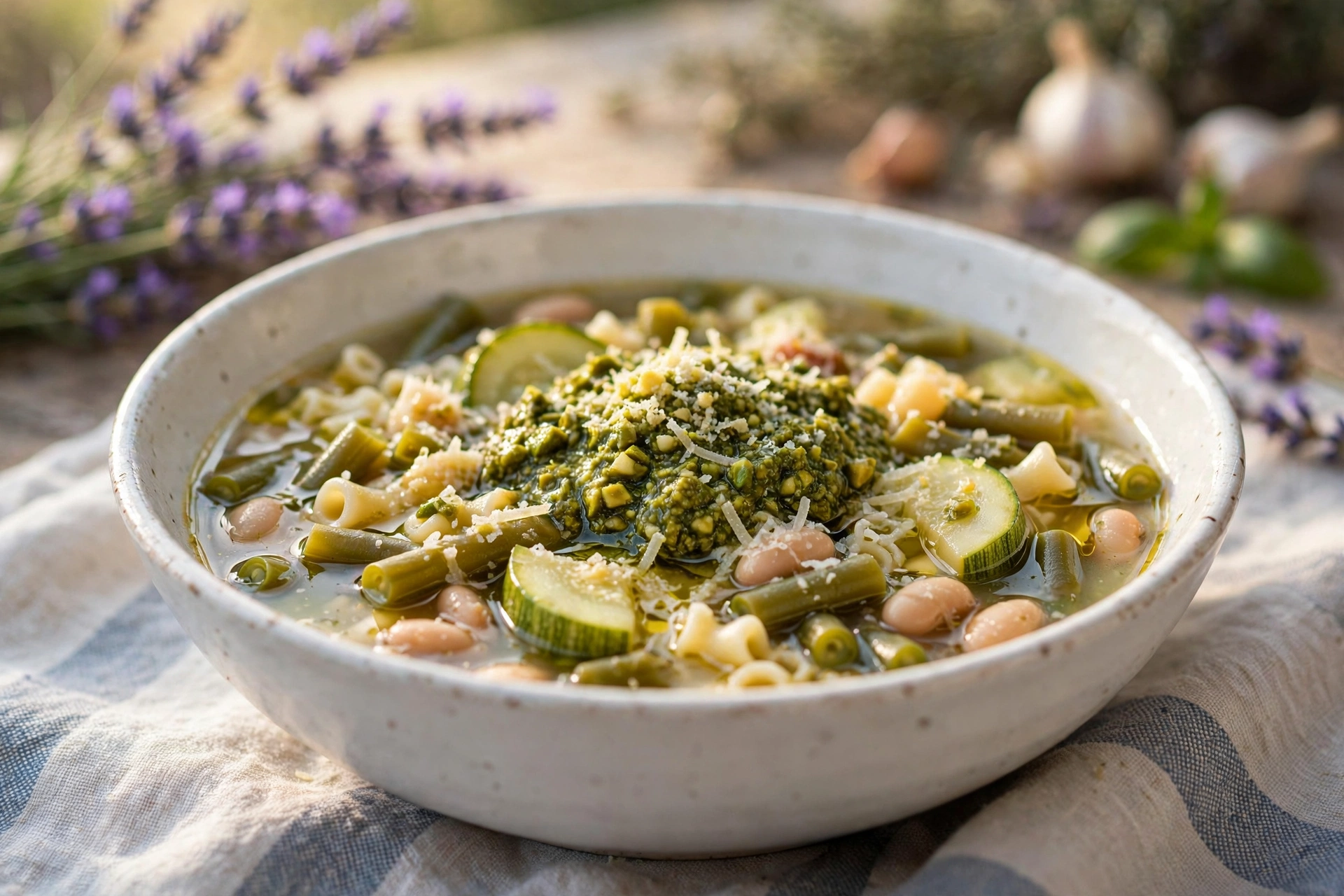 Recette de soupe au pistou provençale servie avec son pistou de basilic