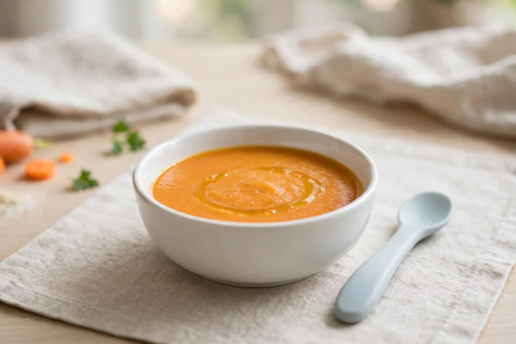 Petit bol de recette de soupe bébé 6 mois lisse et douce