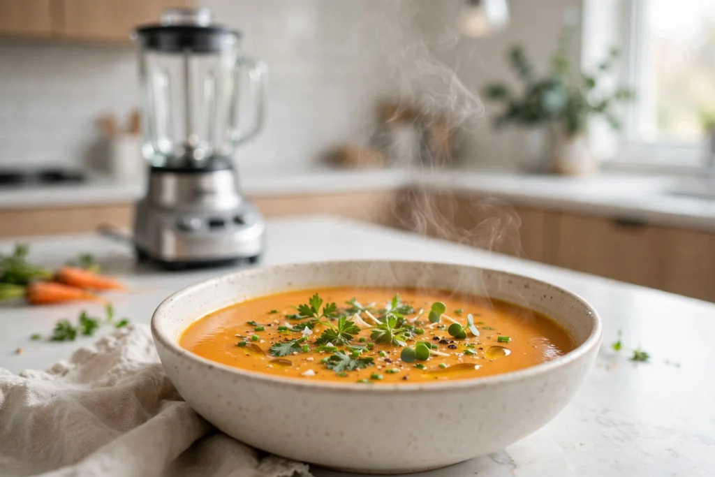 Velouté de recette de soupe au blender chauffant servi en bol
