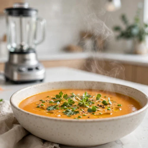 Velouté de recette de soupe au blender chauffant servi en bol