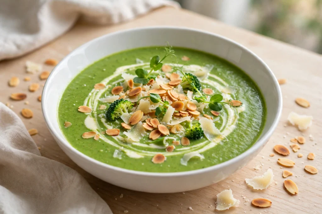 Velouté de brocoli vert crémeux servi en bol
