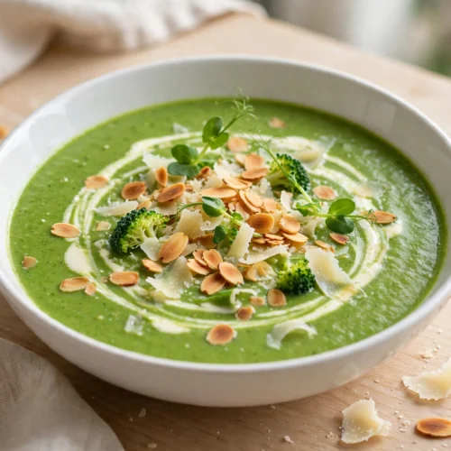 Velouté de brocoli vert crémeux servi en bol