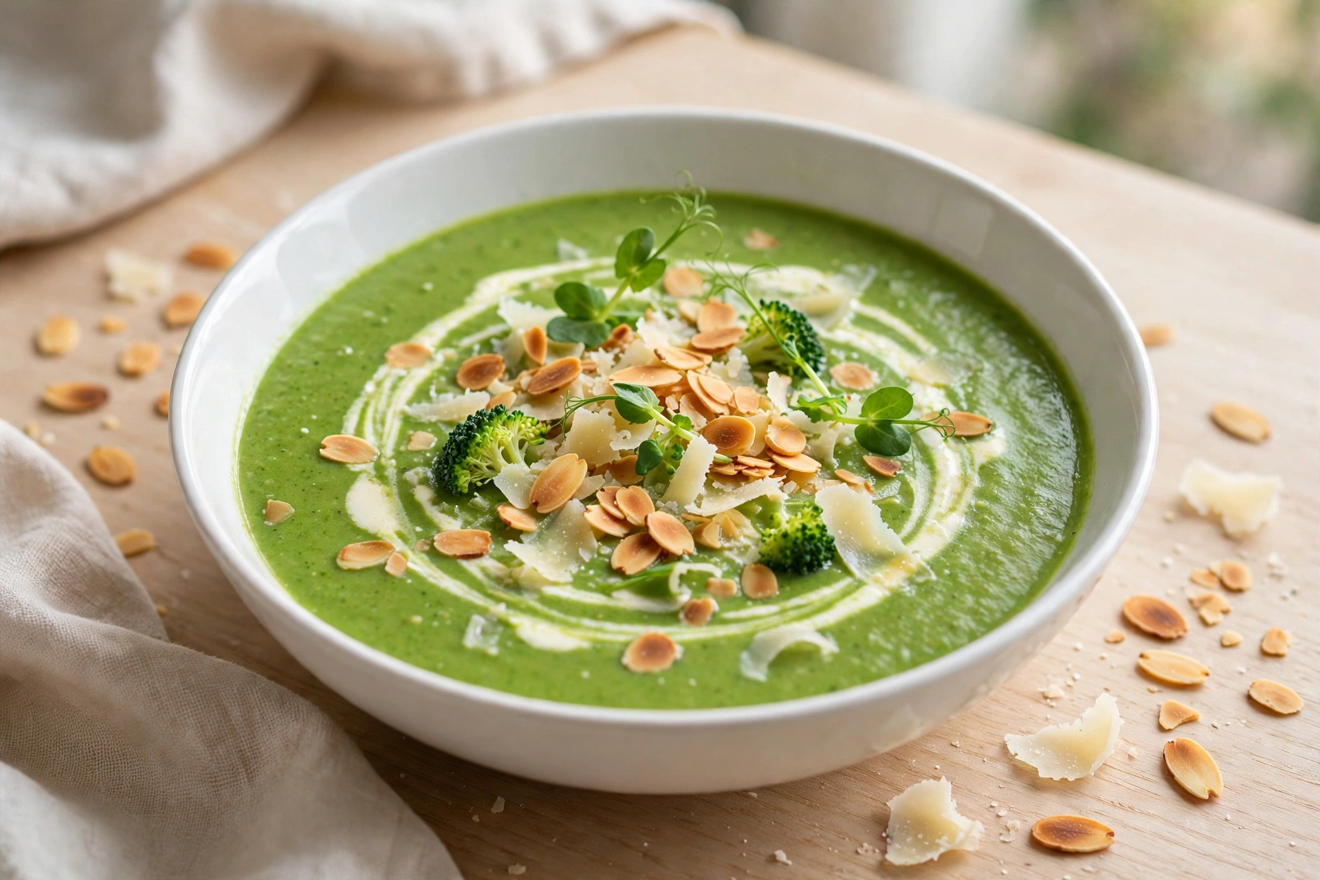 Velouté de brocoli vert crémeux servi en bol