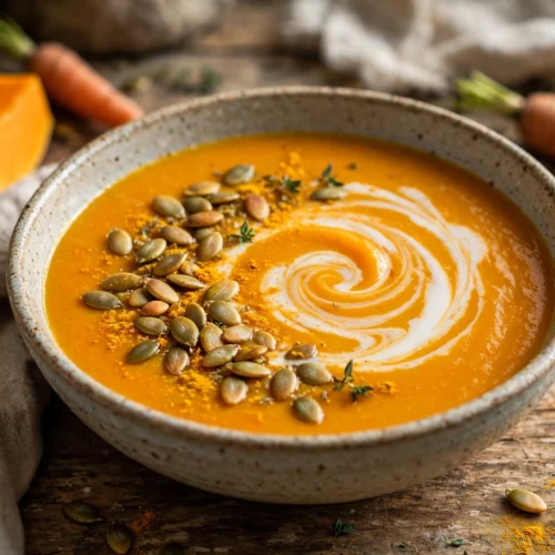Velouté butternut carotte de la recette soupe butternut carotte, servi en bol