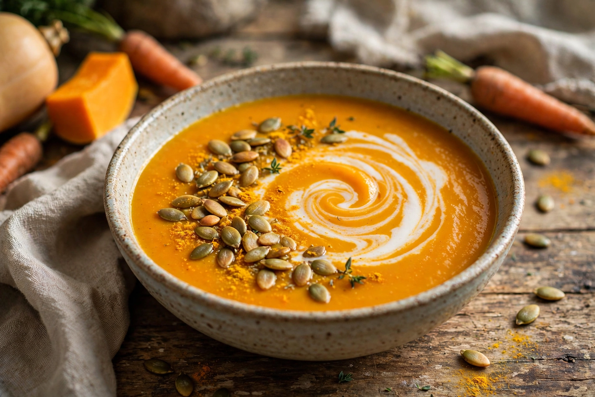 Velouté butternut carotte de la recette soupe butternut carotte, servi en bol