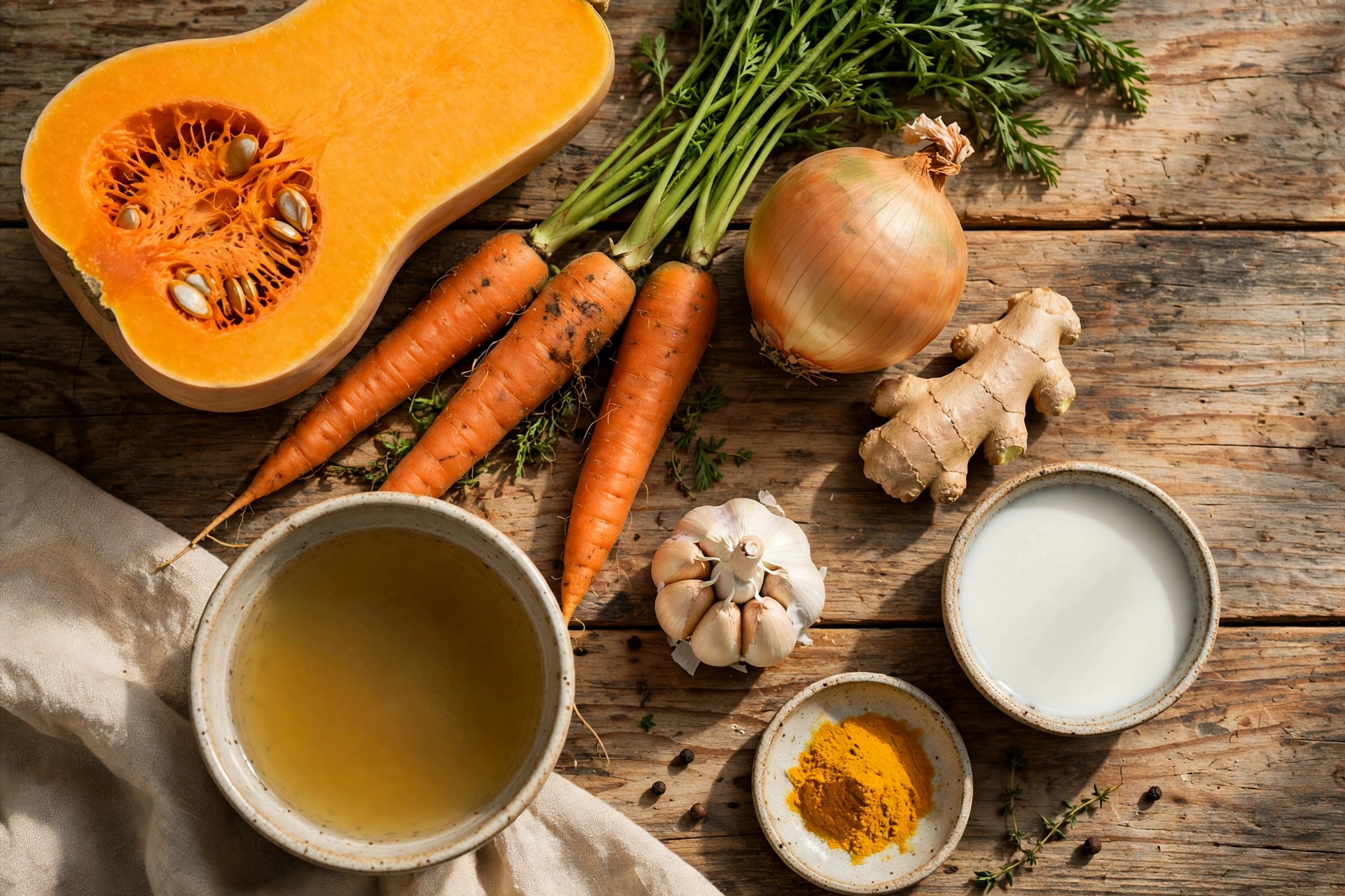 Ingrédients de la recette soupe butternut carotte : butternut, carottes et gingembre