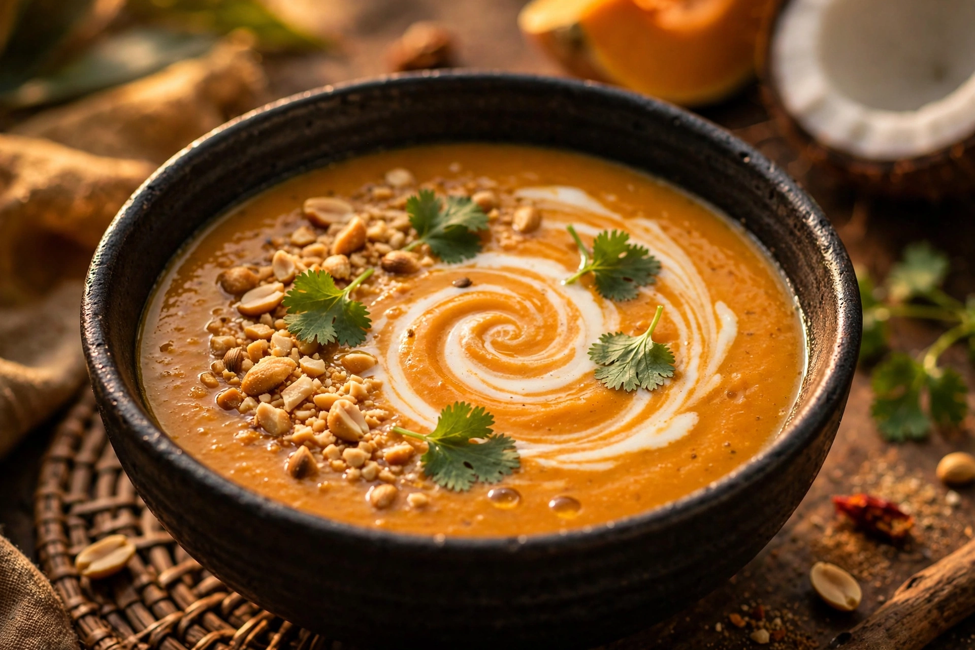 Velouté butternut coco exotique servi en bol