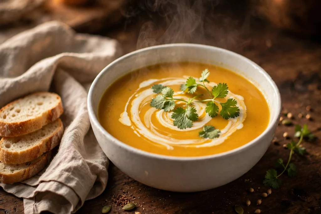 Velouté de la recette de soupe butternut servi en bol