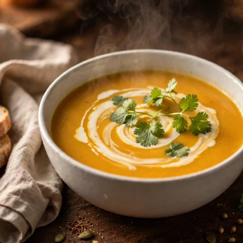 Velouté de la recette de soupe butternut servi en bol