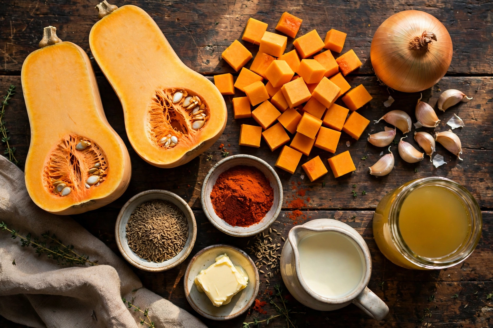 Ingrédients de la recette de soupe butternut aux épices